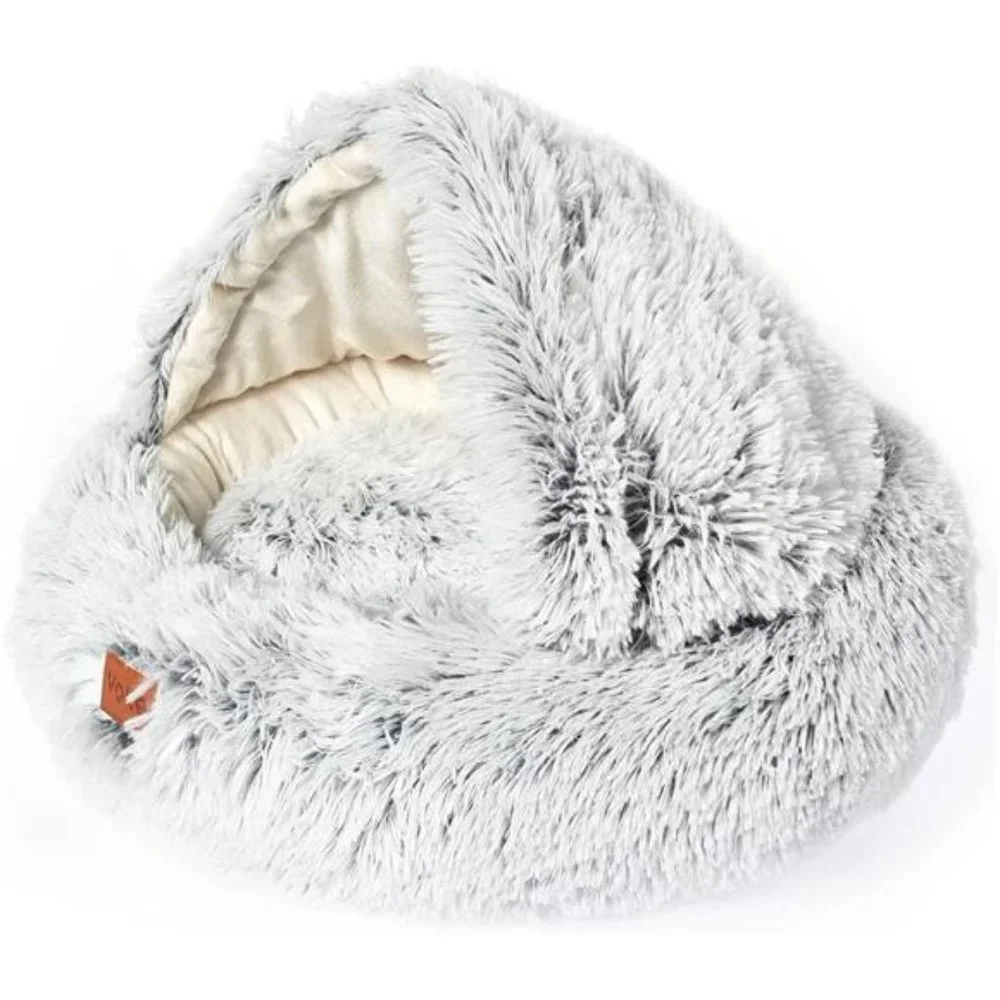 Yokee Cat Bed Round Hooded Plush Cat Bed Cave, Fluffy Cat Cave Bed